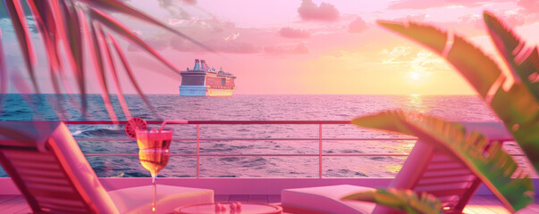 Summer vacation concept on a pink background showing a luxury cruise. A cruise ship on the horizon, with lounge chairs and a cocktail on deck, framed by a bright pink sunset, conveys relaxation and