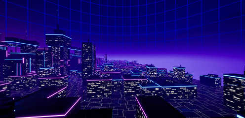 3D illustration of a Cyberpunk cityscape, illuminated by neon outlines under a grid-patterned sky, exuding an Urban Metaverse atmosphere.