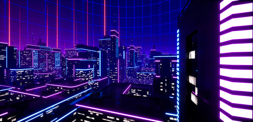 3D illustration of a Cyberpunk cityscape, aglow with neon lights amidst the urban night, exuding a vibrant Metaverse aura.