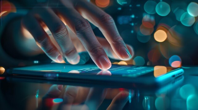 Closeup of Fingers Typing on Smartphone with Bokeh Lights