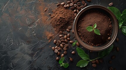 Coffee Beans and Grounds on Dark Surface