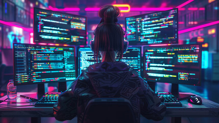 Back view of a Cyberpunk girl types on the keyboard. Multiple computer screen with strings of codes infront of her. Devloping codes for futuristic software. Neon lights in the background,