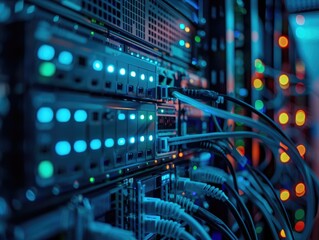 A close-up view of a modern data center with rows of servers, blue LED lights illuminating the dark space, and various cables neatly organized.