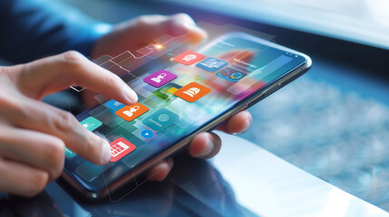 Businessman hand Click on smartphone screen with Travels apps popping up. Booking Travel Services From Mobile Phone animation concept. Closeup,