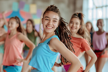 Fototapeta premium A vibrant scene of young girls dancing together in colorful attire, radiating energy, enthusiasm, and joyful choreography, showcasing their dynamic spirit