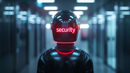 A futuristic security guard robot standing in a dimly lit hallway with 'security' displayed on its helmet.