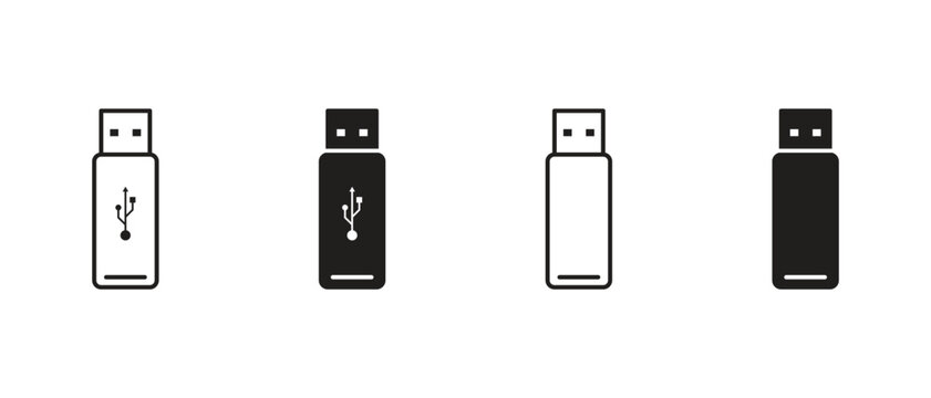 A set of icons of flash drive, flash disk, USB drive symbols, isolated on a white background.