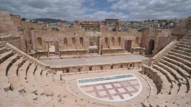 Jerash, Jordan - 5 May, 2022: Ancient amphitheater in Jerash, Jordan