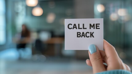 Close-up of a hand holding a 'Call Me Back' note with a blurred office background, emphasizing urgent communication and follow-up.