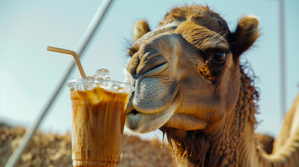 camel drinking iced coffee,