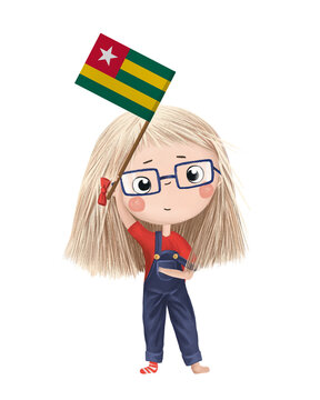recommend clip art: Funny cute girl with flag of Togo. Bright clip art isolated