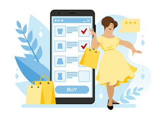 A body-positive woman makes purchases using her smartphone. An application for an online clothing store of large sizes. Profitable purchases and high-quality marketing. Vector illustration in cartoon