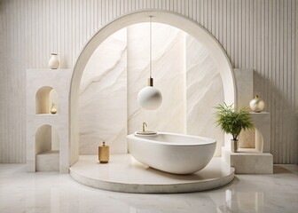 Modern Minimalist Bathroom Interior. A serene, minimalist bathroom featuring a sleek, freestanding bathtub and elegant pendant lighting. 