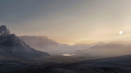 Serene landscape of rugged mountains at sunrise, casting soft light and shadows over the valley, creating a tranquil and captivating scene.