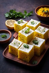 Popular Indian dish Traditional Food Sev Khaman Dhokla Served With Green Chutney & Chilli