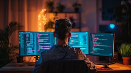 Programmer working on multiple monitors at night