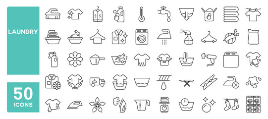 Set of 50 line icons related to laundry, washing, clean clothes, t-shirt hanger, iron, Editable stroke. Vector illustration