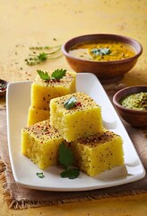 Popular Indian dish Traditional Food Sev Khaman Dhokla Served With Green Chutney & Chilli