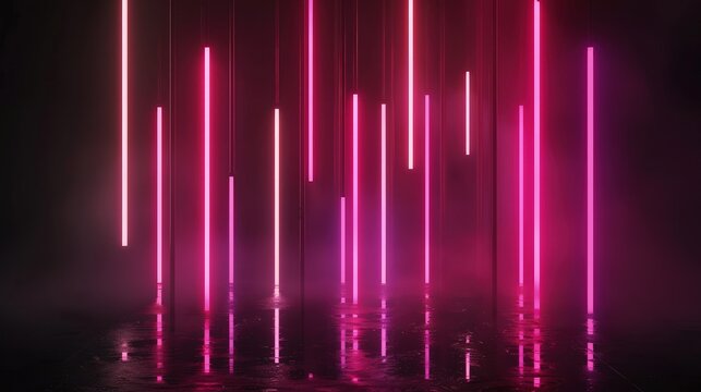 A sequence of thin, vertical neon lights, bending into abstract shapes and patterns, emitting a soft glow against the darkness.