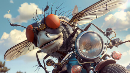 Cartoon artistic image of a really cool looking fly riding a motorcycle and wearing aviators,