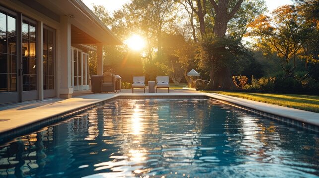 Luxurious backyard pool area with sun loungers at sunset