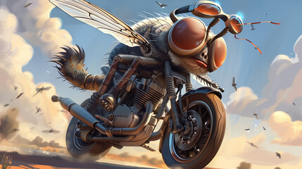 Cartoon artistic image of a really cool looking fly riding a motorcycle and wearing aviators,