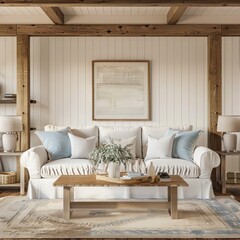 Farmhouse-inspired Scandinavian living room interior background Modern rustic decor with stylish furniture and design elements Perfect for creating a cozy and inviting home
