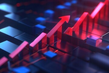 conceptual finance illustration descending red arrow piercing through ascending chart bars symbolizing market volatility and investment risk