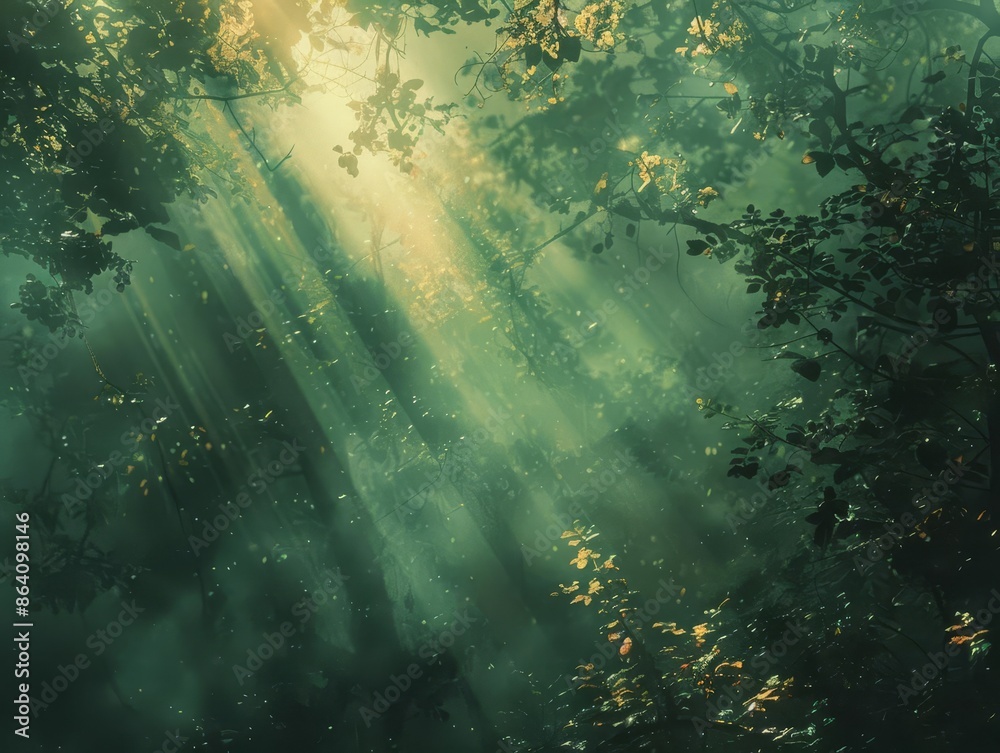 Wall mural Ethereal rays of light in a misty forest, dreamlike atmosphere, soft tones, fantasy illustration - Wall murals