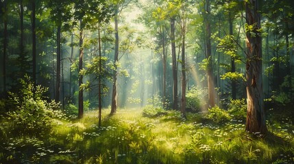 Obraz premium Forest glade with sunlight filtering through trees, lush greenery, detailed, photo realism