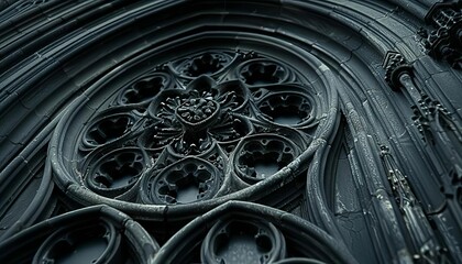 Gothic window frame with intricate designs, dark and moody, high contrast, photo realism