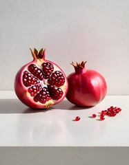 Whole and halved pomegranates with seeds displayed on a white surface with scattered seeds around, with natural light casting soft shadows, Generative AI.