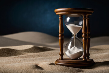 Elegant wooden hourglass in the desert against the dark backdrop