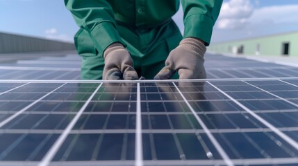 Eco-conscious technician installing solar panels on a rooftop, highlighting renewable energy initiatives, sustainable technology, clean energy solutions, and environmentally friendly practices