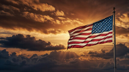 Obraz premium American flag waving against a dramatic sunset sky with copy space