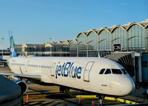 jetBlue aircraft ready to board passengers at Ronald Reagan National Airport in Arlington, Virginia.