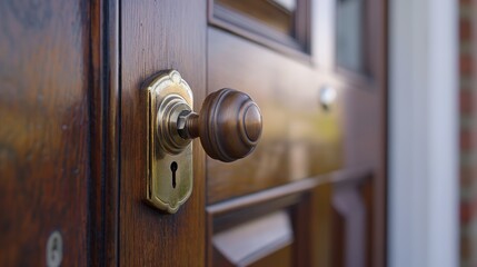 Obraz premium Close-Up Shot of a Wooden Door with Brass Doorknob