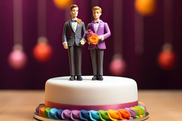 generated illustration of wedding cake topper with two grooms, figurines of a gay couple. Gay marriage concept.