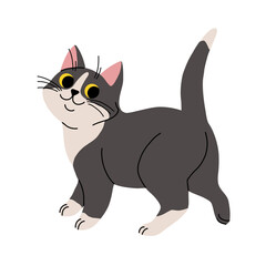 Obraz premium Cute cat concept. Adorable domestic animal walk. Fluffy black and white pet. Lovely kitten stands. Graphic element for website. Cartoon flat vector illustration isolated on white background