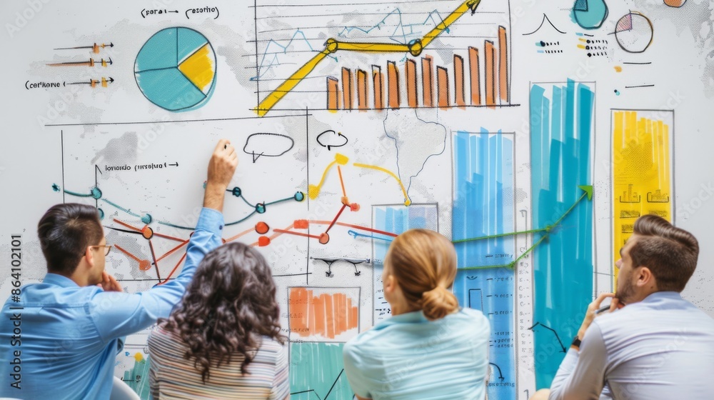 Aufkleber A group of professionals in a brainstorming session, with a large bar graph displayed on a whiteboard.
