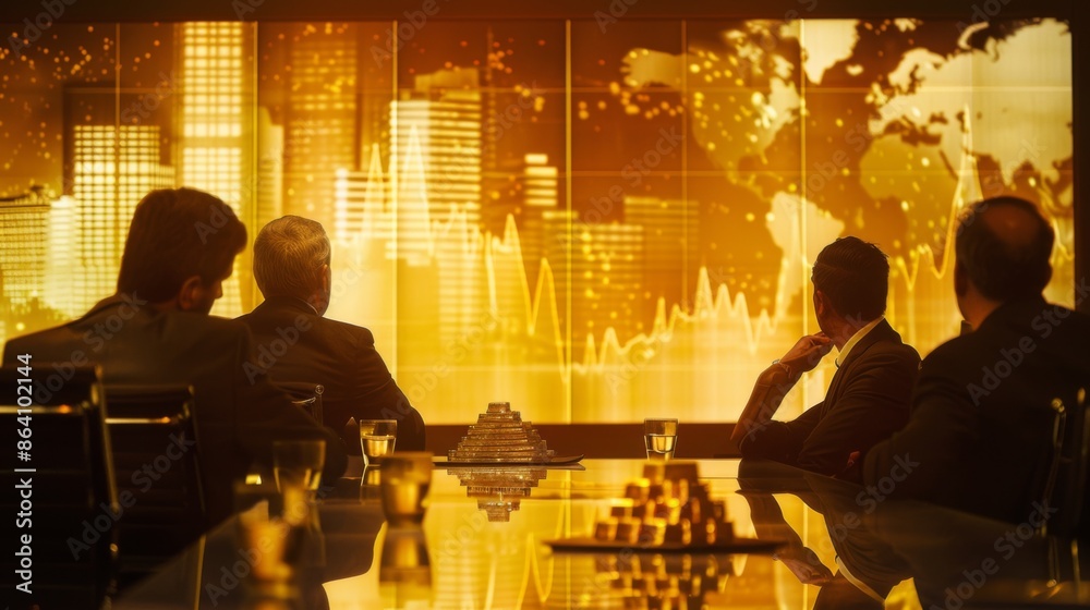 Poster a group of professionals in a meeting room, analyzing a gold price graph displayed on a large monito