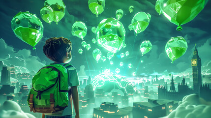 Minimal balloon 3D image of energy and ice portal, food art, surreal, pixel art. a boy with a green backpack. looking up at a sky full 