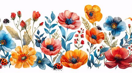 Colorful fauna featuring ladybugs and flowers, on white background