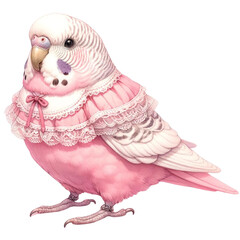 The parakeet is wearing a pretty pink dress