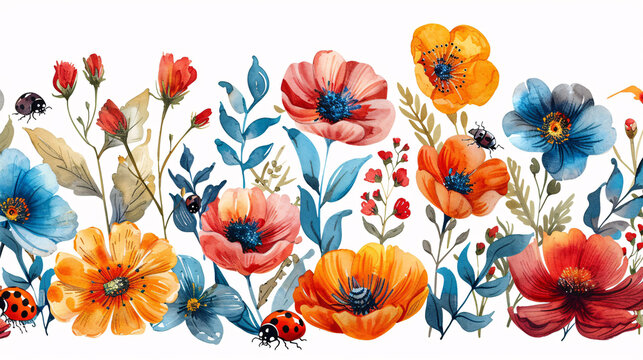 Colorful fauna featuring ladybugs and flowers, on white background