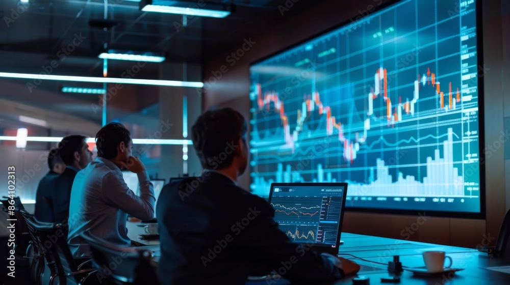 Poster a group of professionals in a meeting room, analyzing a gold price graph displayed on a large monito