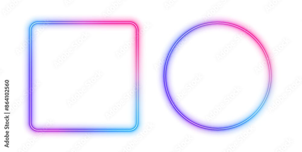 Poster A set of blue and pink glowing neon frames on a transparent background in PNG format. Vector isolated magic empty borders of geometric shapes.
