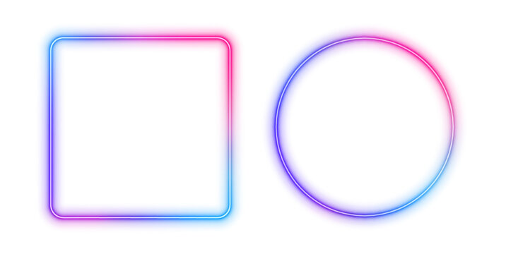A set of blue and pink glowing neon frames on a transparent background in PNG format. Vector isolated magic empty borders of geometric shapes.