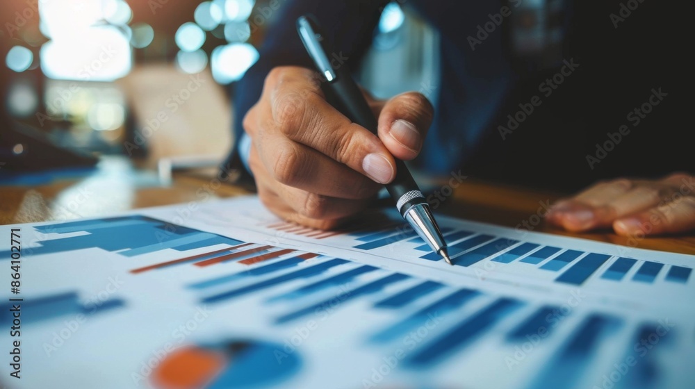 Poster a hand holding a pen and pointing at a financial graph on a printed report during a business meeting