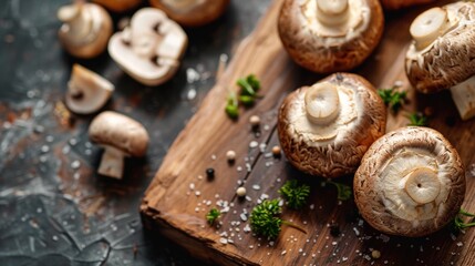 Fresh Mushrooms on Wooden Board